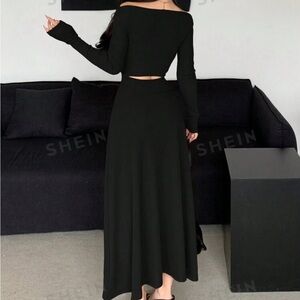 Black long sleeve boat neck dress